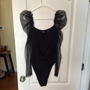 SHEIN Black Bodysuit with Sheer Puff Sleeves